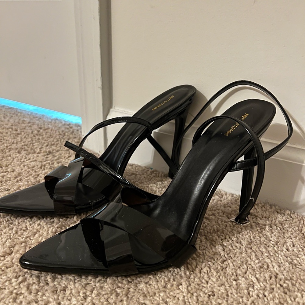 Black High Stiletto Heels with Glossy Straps